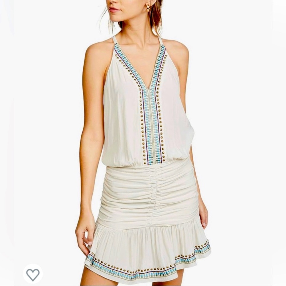 Ramy Brook Arya Embellished Ruched Beige Embroidered Halter Mini Dress MSPR $445
